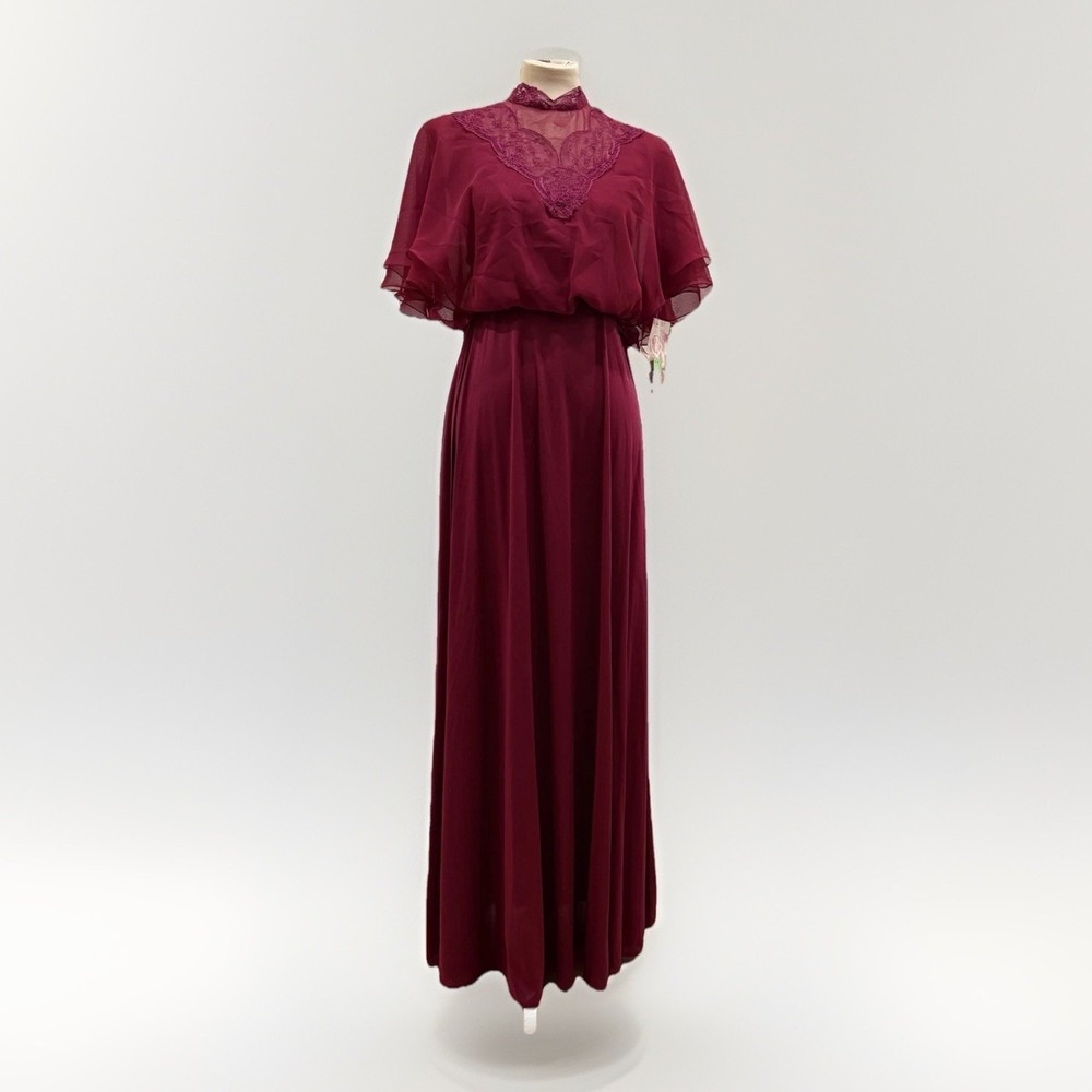 Vintage 70's or 80's Burgundy Red Lace Prairie Victorian Maxi-Dress Size 10